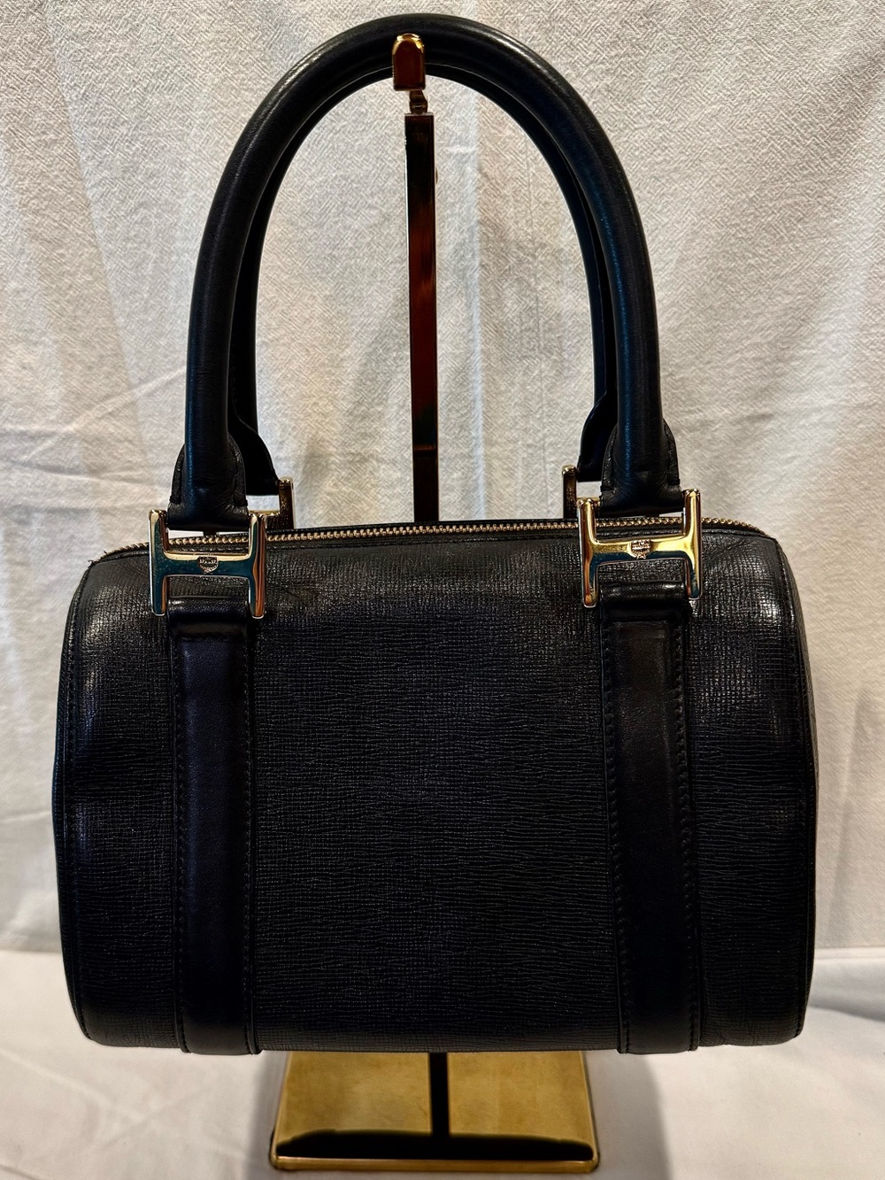 MCM Black Saffiano Textured Leather Boston Bag with Gold Hardware - Picture 2 of 10